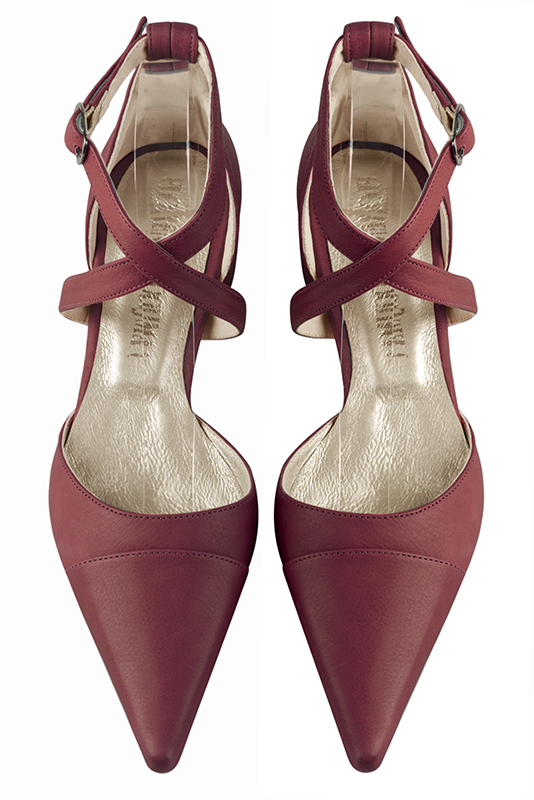 Burgundy red women's open side shoes, with crossed straps. Pointed toe. Medium spool heels. Top view - Florence KOOIJMAN